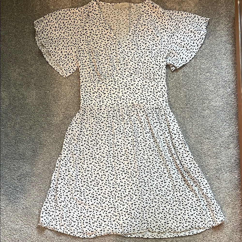 Loft Black and White Midi Sundress with Pockets and Flutter Sleeves